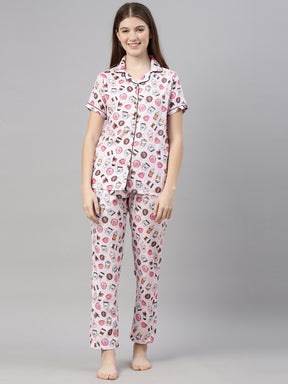 Doughnuts Light Pink Women's Night Suits Women's Night Suit Bushirt   