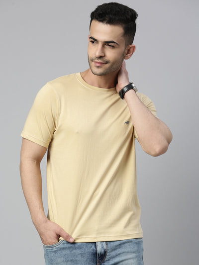 Beige Solid Half Sleeves T-Shirt Classic Tees Bushirt
