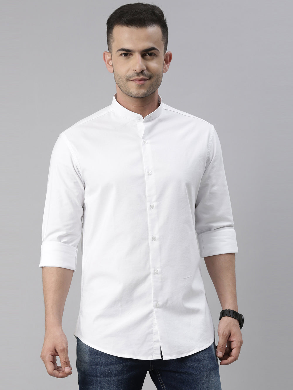 White Chinese Collar Casual Shirt Solid Shirt Bushirt   