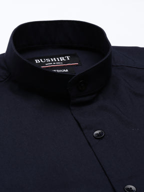 Navy Blue Chinese Collar Casual Shirt Solid Shirt Bushirt   