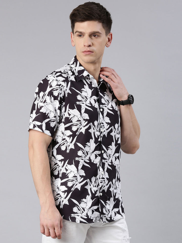 Seasonal Flower Black Shirt Printed Shirt Bushirt   