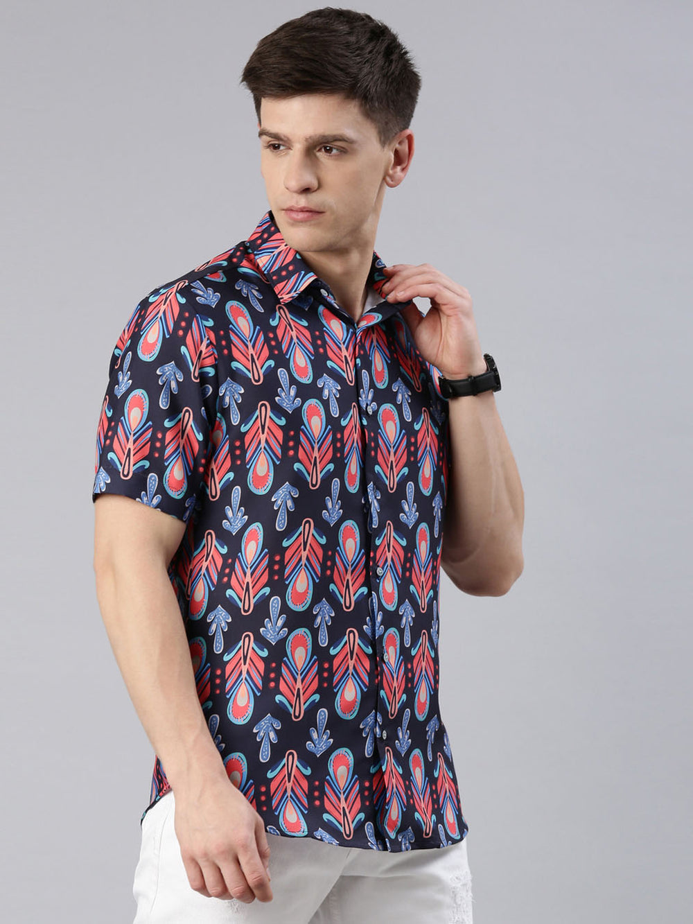 Ornamental Print Navy Blue Shirt Printed Shirt Bushirt   