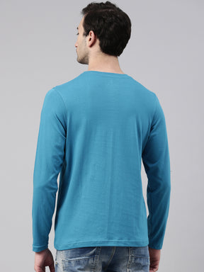 Teal Blue Solid Full Sleeves T-Shirt Full Sleeves Bushirt   