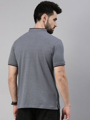 Grey Mélange Chinese Collar Polo T-Shirt Polo Tees Bushirt   