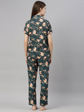 Floral Green Women's Night Suits Women's Night Suit Bushirt   