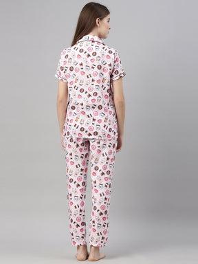 Doughnuts Light Pink Women's Night Suits Women's Night Suit Bushirt   