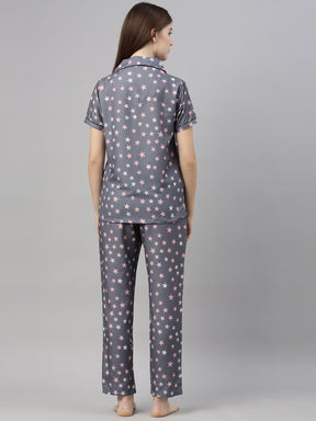 Stars Grey Pink Women's Night Suits Women's Night Suit Bushirt   