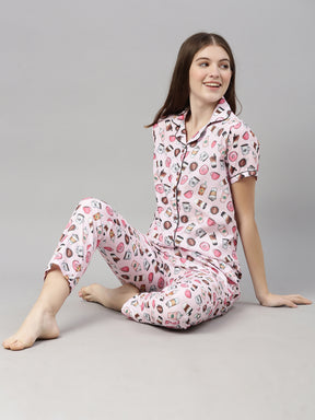 Doughnuts Light Pink Women's Night Suits Women's Night Suit Bushirt   