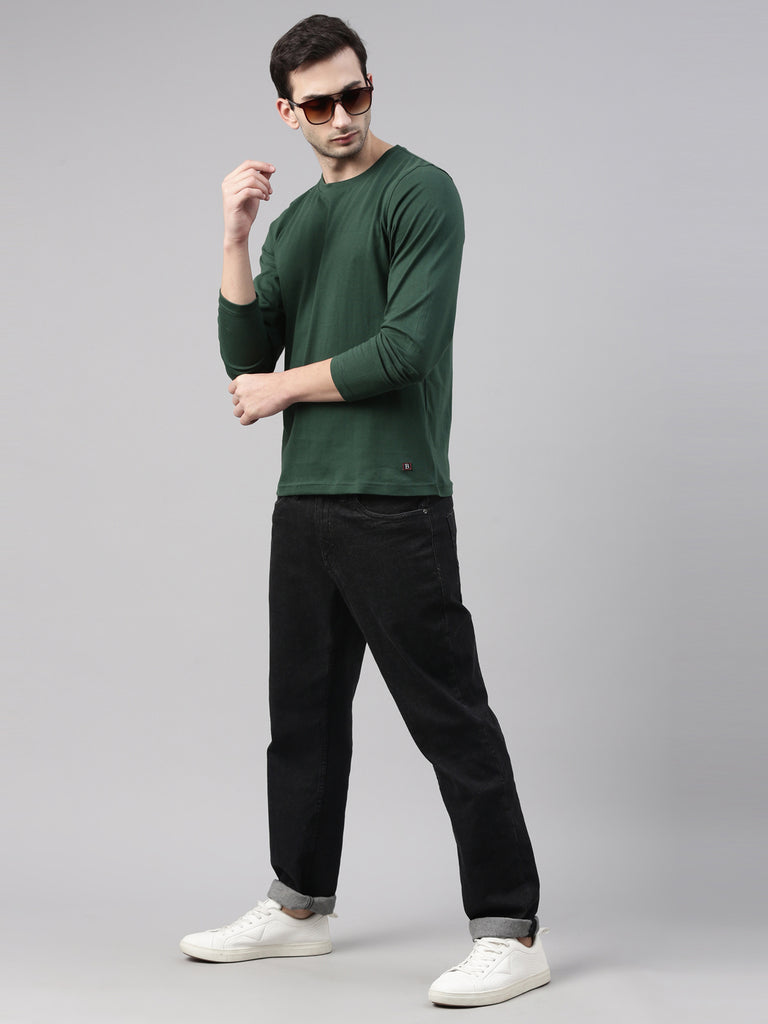 Bottle Green Solid Full Sleeves T-Shirt