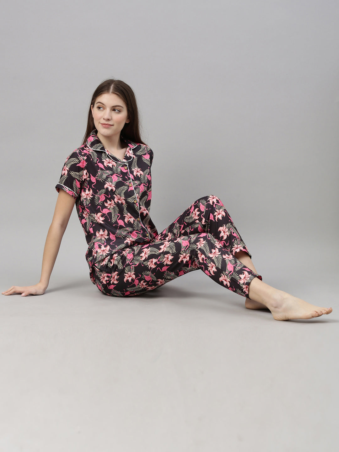 Flamingo Bottle Green Women's Night Suits Women's Night Suit Bushirt   