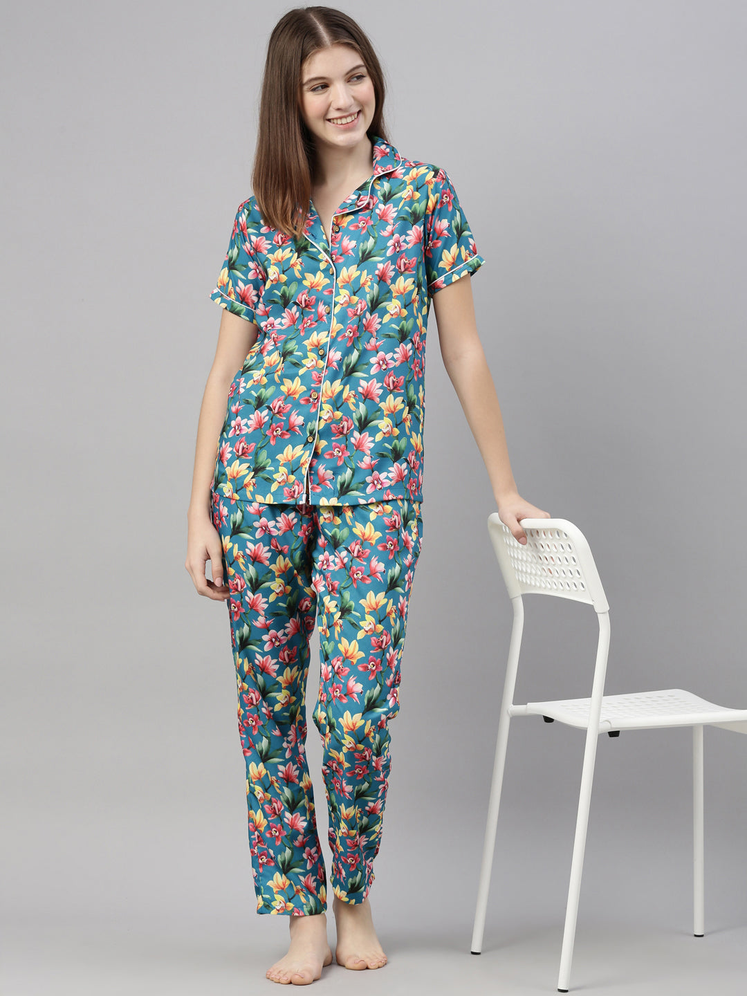 Rose Mallow Teal Blue Women's Night Suits Women's Night Suit Bushirt   
