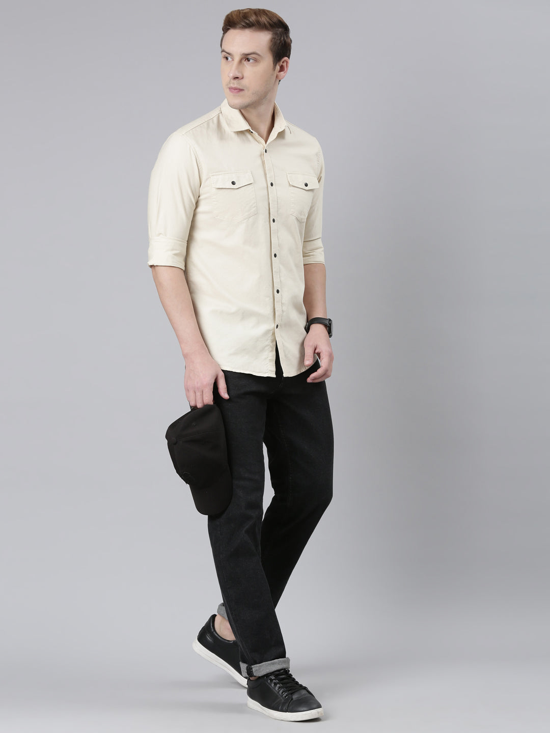 Cream Cargo  Shirt Solid Shirt Bushirt   