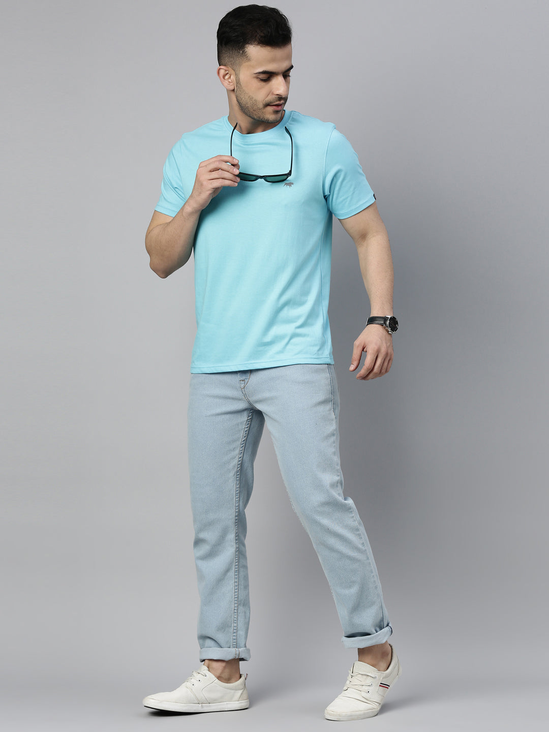 Cadded Blue Solid Half Sleeves T-Shirt Plain T-Shirts Bushirt   