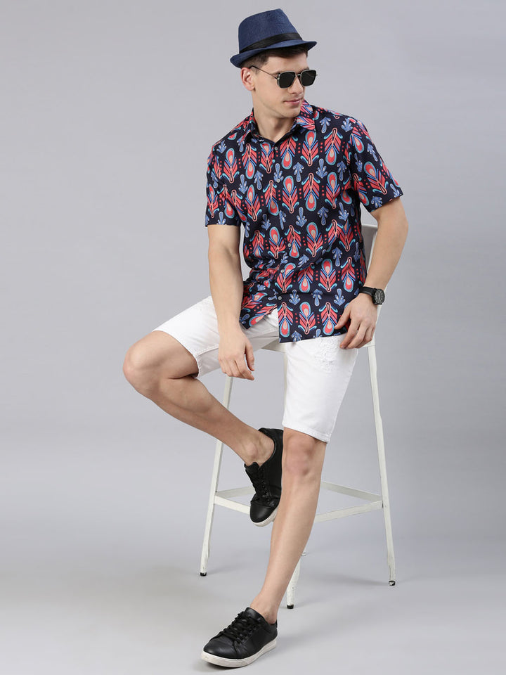 Ornamental Print Navy Blue Shirt Printed Shirt Bushirt   