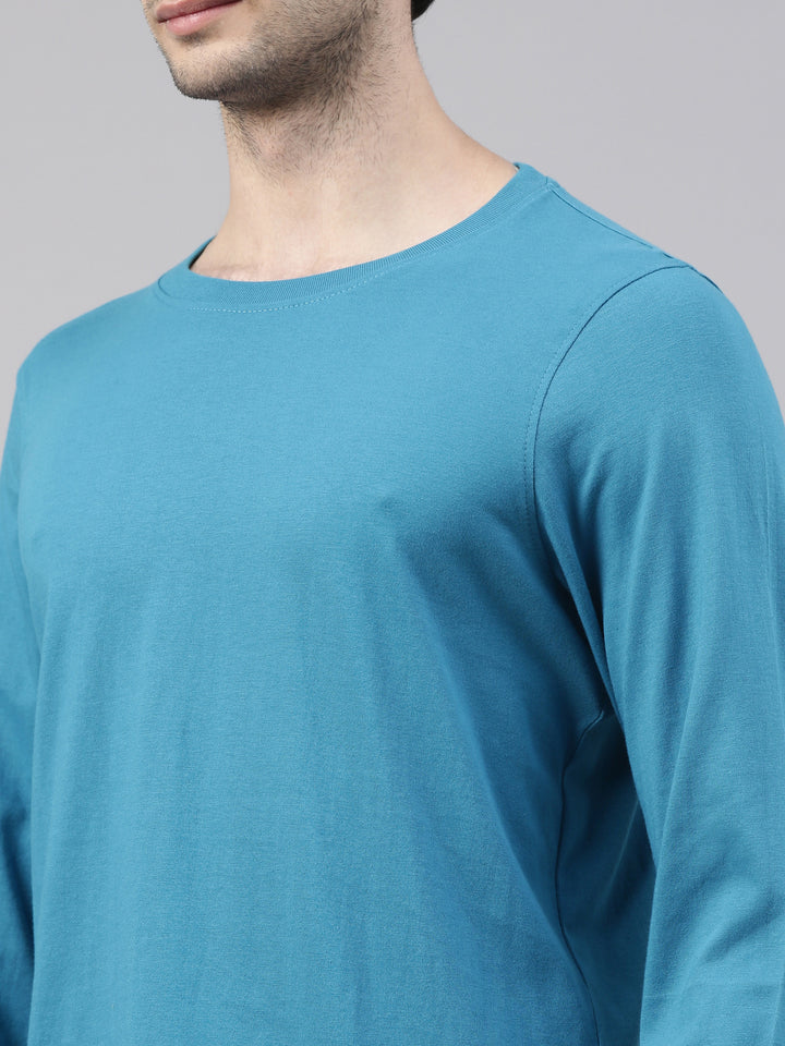 Teal Blue Solid Full Sleeves T-Shirt Full Sleeves Bushirt   