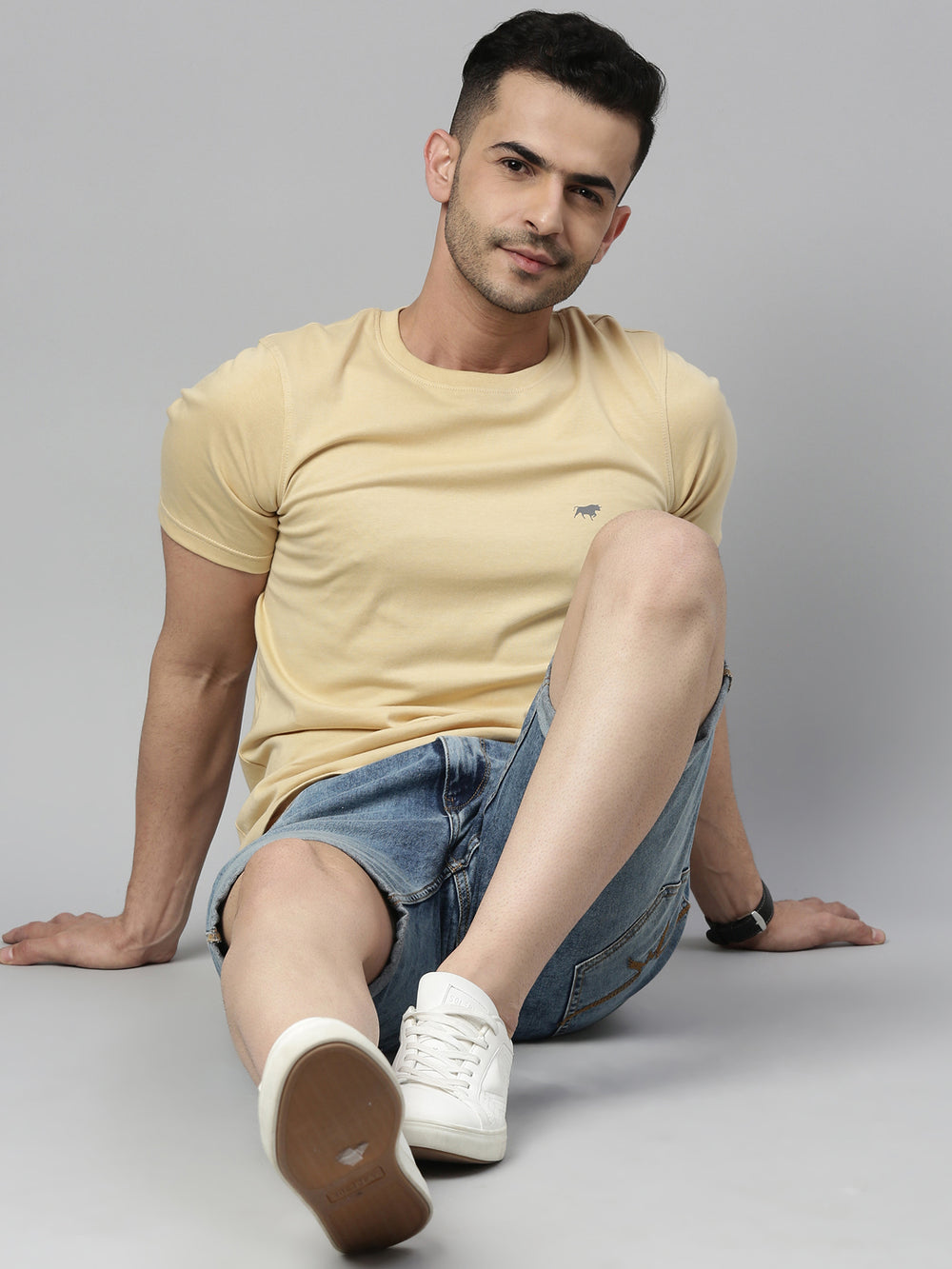 Beige Solid Half Sleeves T-Shirt Plain T-Shirts Bushirt   