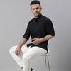 Navy Blue Chinese Collar Casual Shirt Solid Shirt Bushirt   