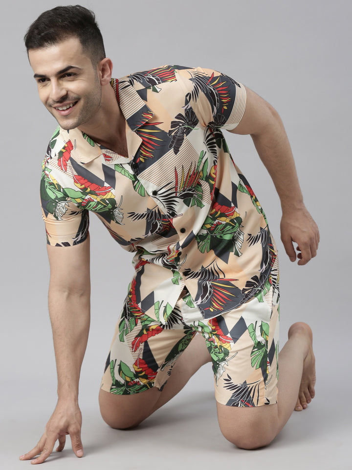 All Over Printed Beige Night Suits Regular Size Co-Ords Bushirt   