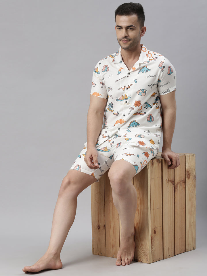Funny Cartoon White Cream Night Suits Regular Size Co-Ords Bushirt   