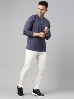 Denim Blue Full Sleeves Henley T Shirt Full Sleeves Bushirt   