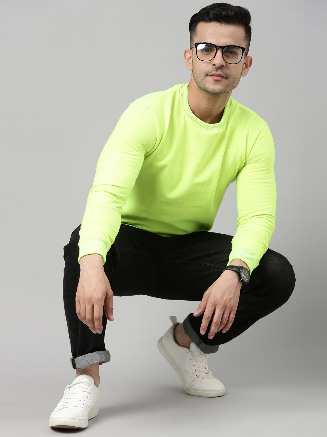 Neon Green Solid Sweatshirt Sweatshirt Bushirt   