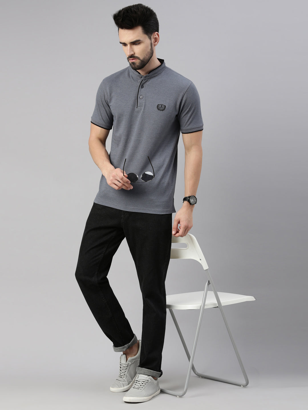 Grey Mélange Chinese Collar Polo T-Shirt Polo Tees Bushirt   