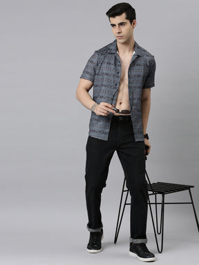 Printed Sage Grey Strips Shirt Printed Shirt Bushirt   