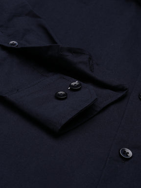 Navy Blue Chinese Collar Casual Shirt Solid Shirt Bushirt   