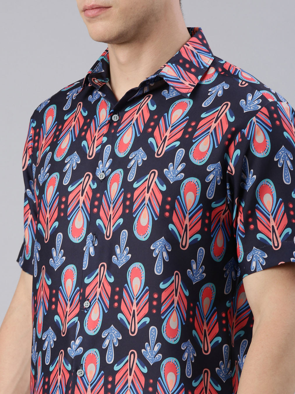 Ornamental Print Navy Blue Shirt Printed Shirt Bushirt   