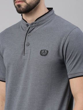 Grey Mélange Chinese Collar Polo T-Shirt Polo Tees Bushirt   
