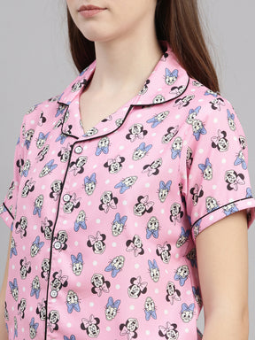 Mickey Mouse Pale Pink Women's Night Suits Women's Night Suit Bushirt   