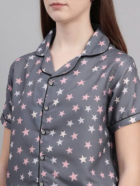 Stars Grey Pink Women's Night Suits Women's Night Suit Bushirt   