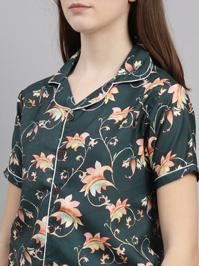 Floral Green Women's Night Suits Women's Night Suit Bushirt   