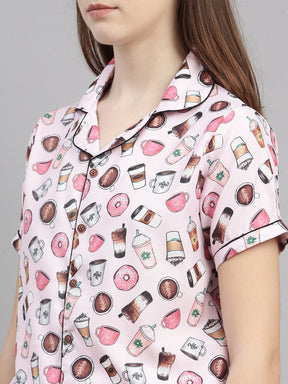 Doughnuts Light Pink Women's Night Suits Women's Night Suit Bushirt   