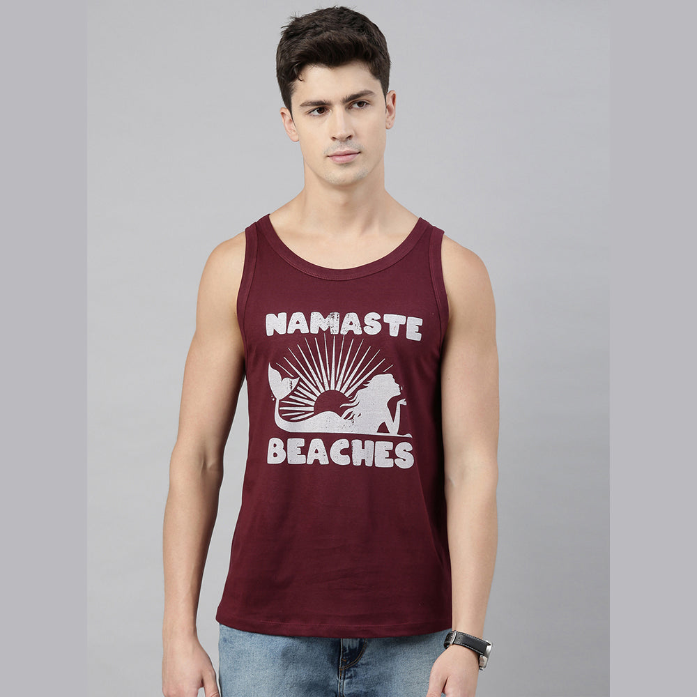 Namaste Beaches Maroon Sleeveless T-Shirt Vest Bushirt   