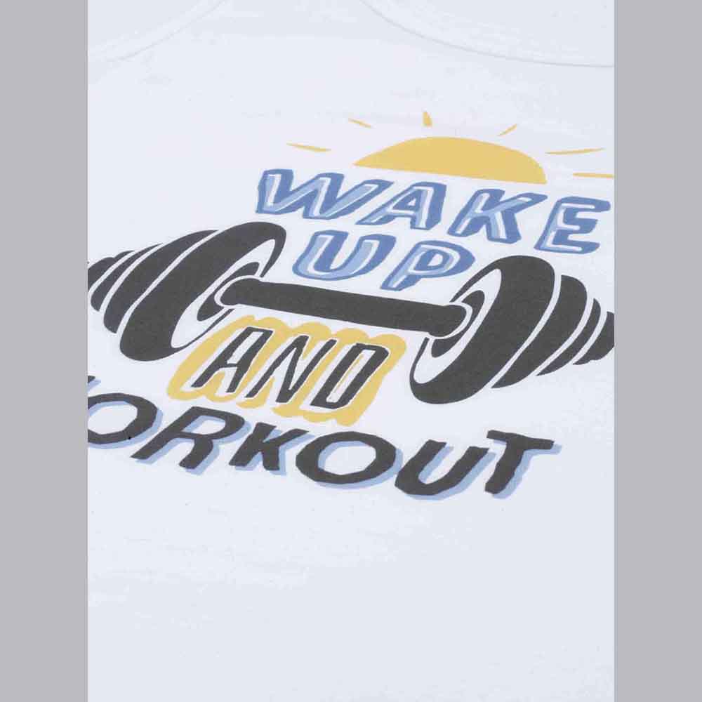 Wake Up & Work Out White Sleeveless T-Shirt Vest Bushirt   