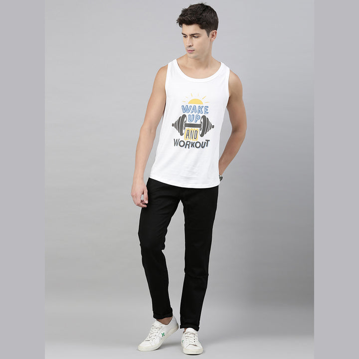 Wake Up & Work Out White Sleeveless T-Shirt Vest Bushirt   